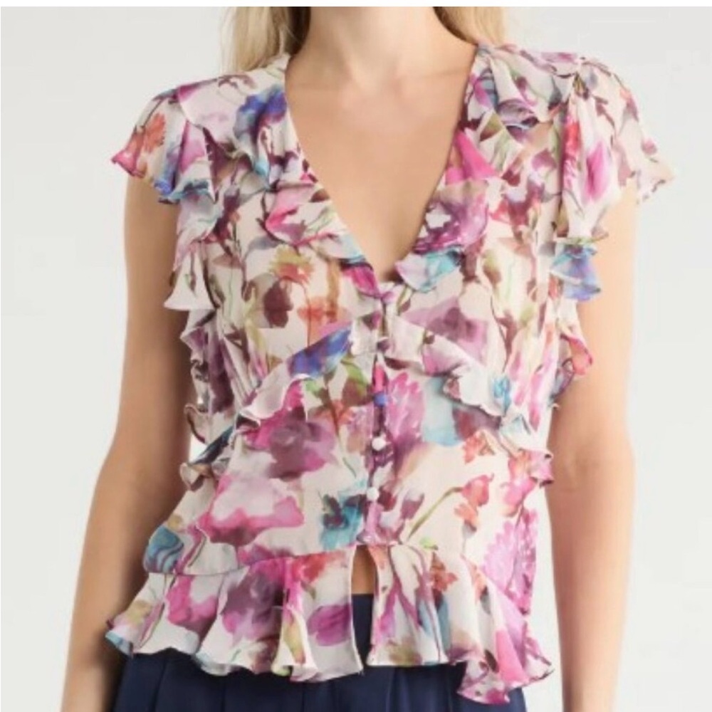 New Jason Wu Floral Ruffle V-Neck Blouse in Pink Multi size S